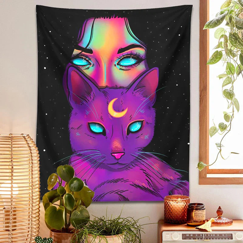 Psychedelic Cat Tapestry Wall Hanging for Bohemian Home Decor by Decobites