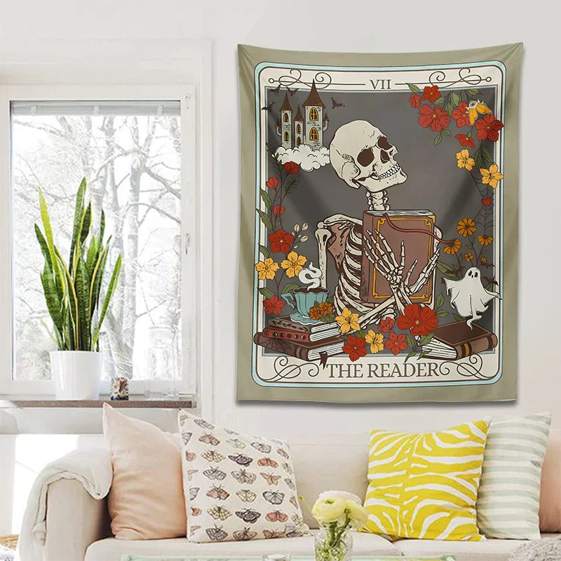 Decobites Reader Tarot Card Tapestry: Mystical Skeleton Wall Hanging for Home Decor