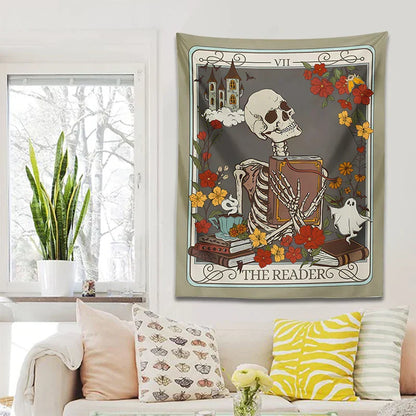 Decobites Reader Tarot Card Tapestry: Mystical Skeleton Wall Hanging for Home Decor