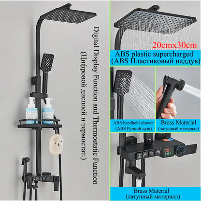 DecorBites™ Digital Display Thermostatic Shower Faucet Set with Rain Shower Column, Black