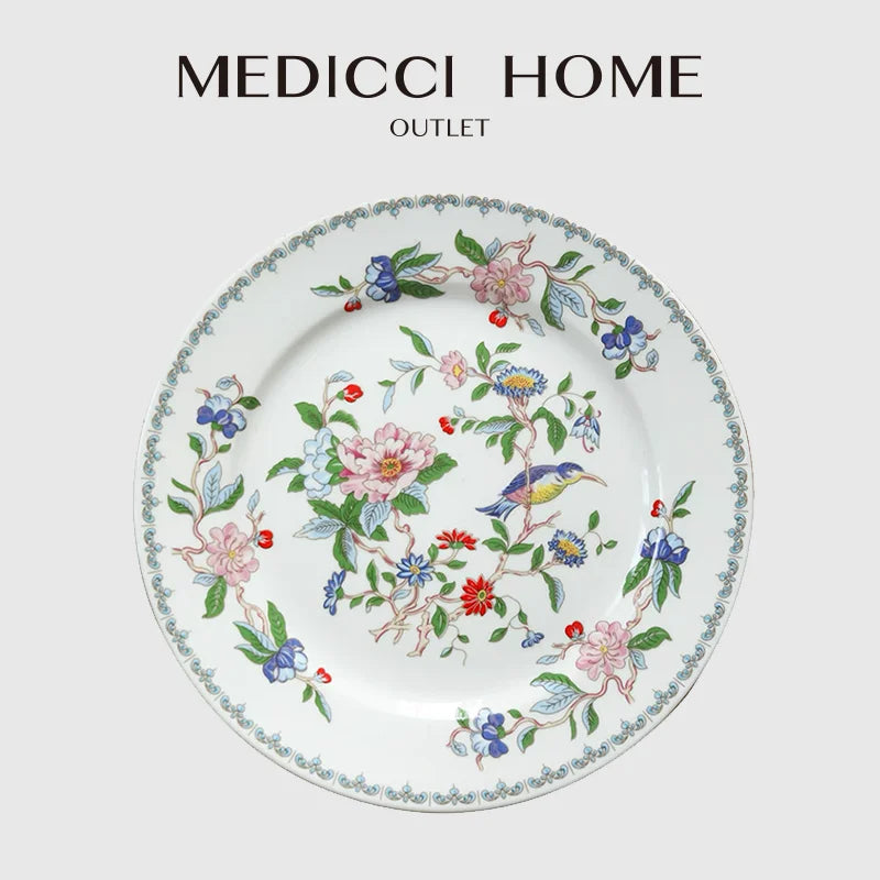 DecorBites™ Chinoiserie Floral Birds Dinner Plate 8" - Oriental Art Salad Dessert Plate