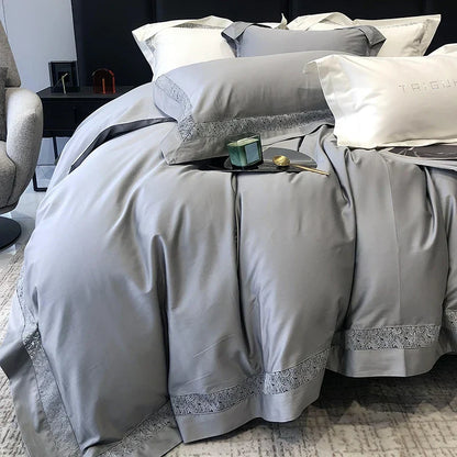 DecorBites™ Grey Hollow Lace 1000TC Egyptian Cotton Bedding Set with Wide Edge
