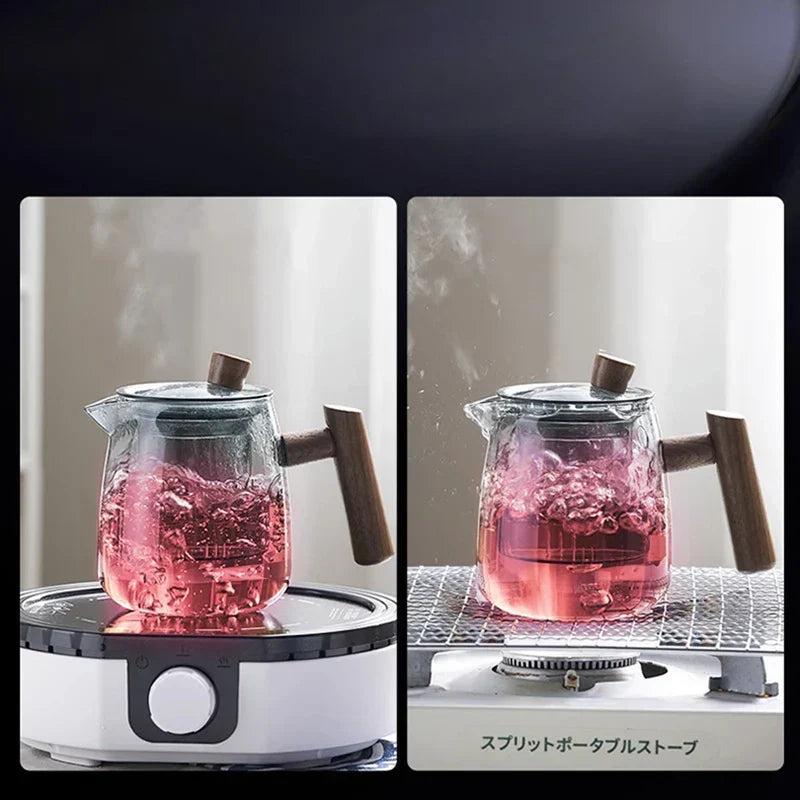 DecorBites™ Glass Tea Pot with Wooden Handle - Heat Resistant, Chinese Kung Fu Tea Set