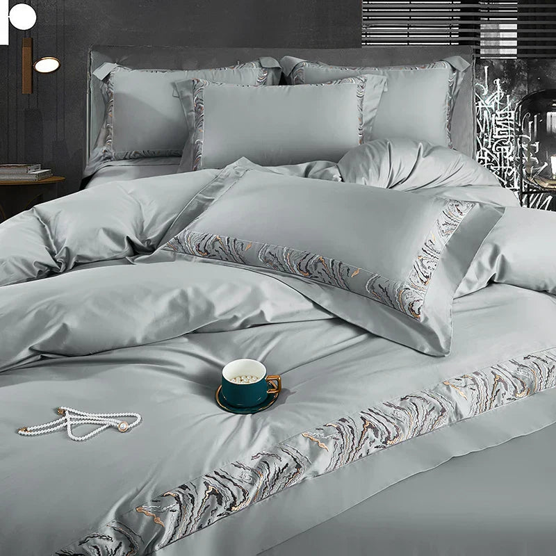 Decobites Zebra Print Embroidery Bedding Set 800TC Egyptian Cotton Grey Orange, Duvet Cover Flat Sheet Pillowcases