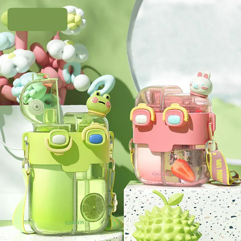 DecorBites™ Double-Bin Sippy Cup | Kids Cartoon Water Bottle with Adjustable Strap