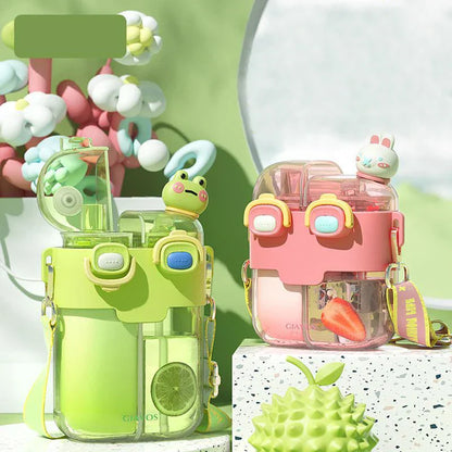 DecorBites™ Double-Bin Sippy Cup | Kids Cartoon Water Bottle with Adjustable Strap