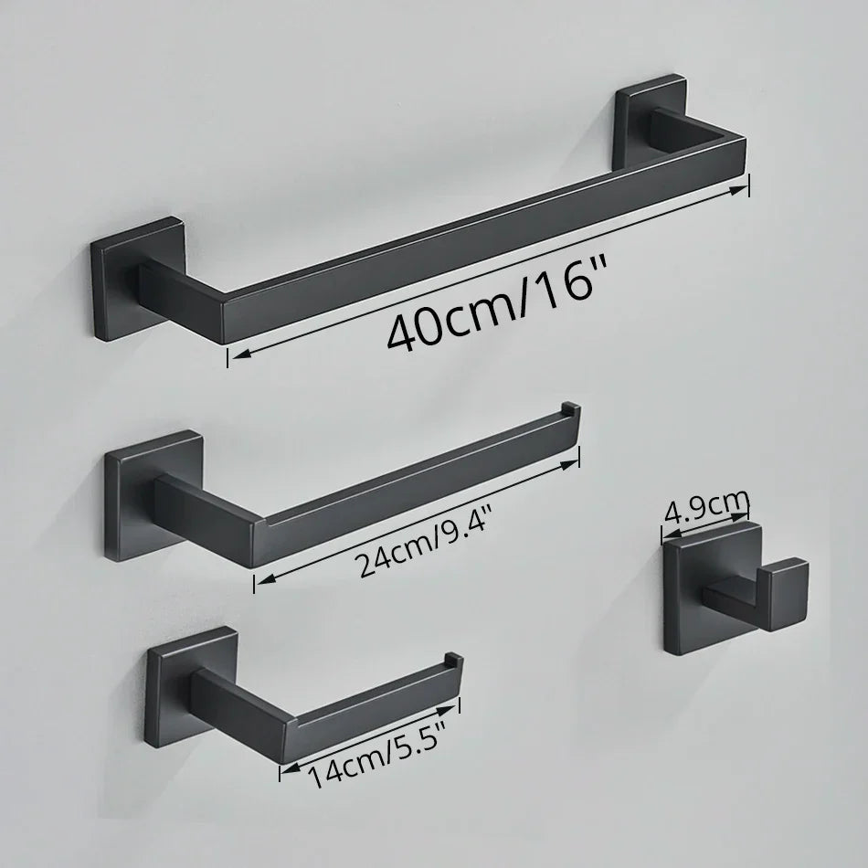 مجموعة إكسسوارات الحمام السوداء DecorBites™: خطاف رداء، سكة مناشف، رف، حامل ورق