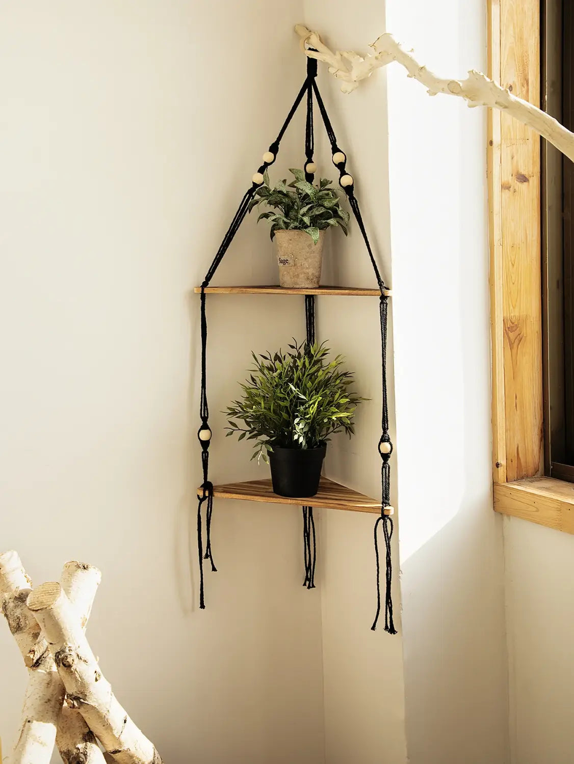 DecorBites™ Wooden Corner Shelf with Macrame - Boho Wall Decor