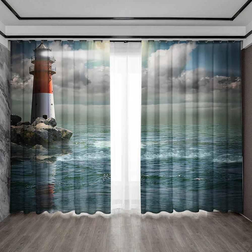 Decobites Ocean Sail & Lighthouse Screen Curtain Set for Kitchen & Coffee Shop