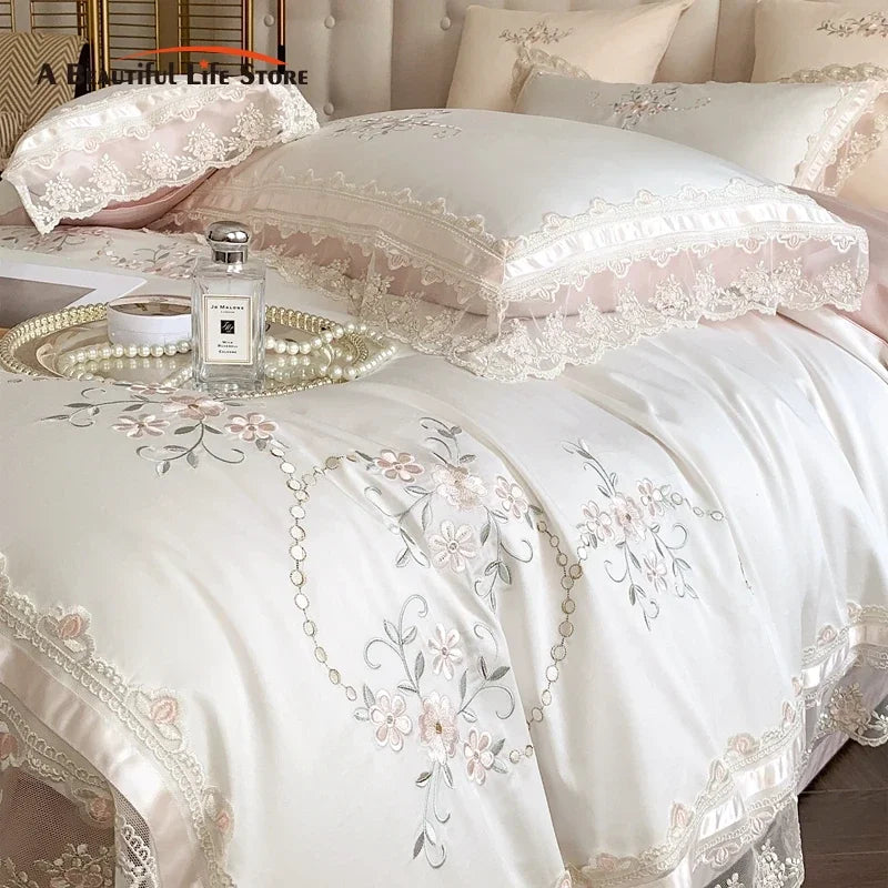 DecorBites™ French Lace Flowers Embroidery Wedding Bedding Set 1200TC - Luxurious and Romantic Cotton Duvet Cover Set