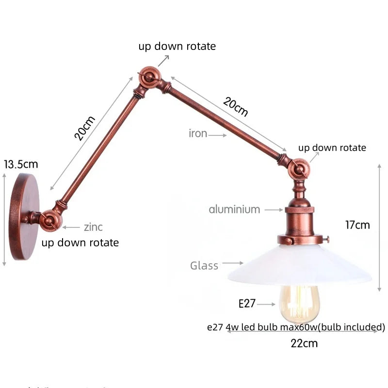DecorBites™ مصباح حائط LED بذراع دوارة زجاجي قابل للتعديل مع مفتاح سلسلة سحب