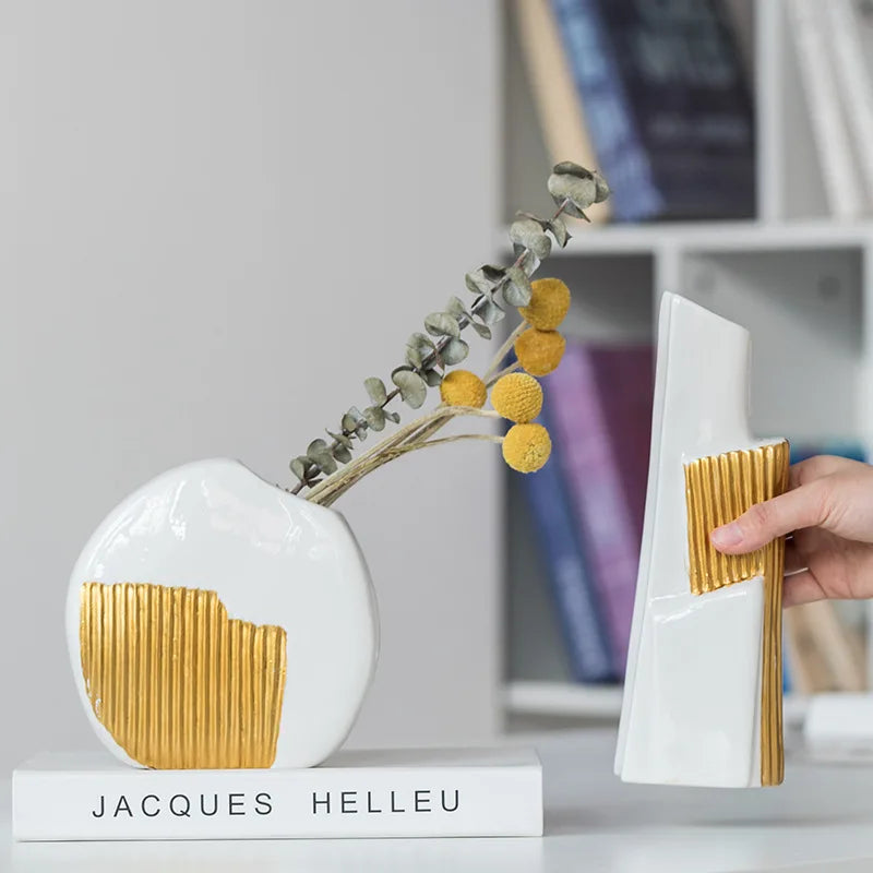 Jarrón de cerámica DecorBites™ con rayas geométricas doradas para flores e hidroponía