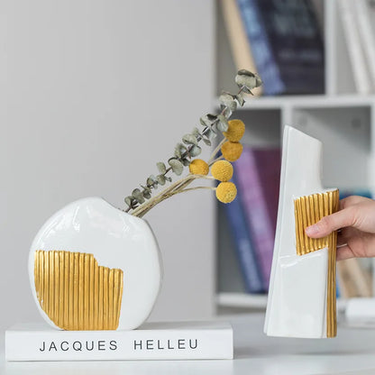 Jarrón de cerámica DecorBites™ con rayas geométricas doradas para flores e hidroponía