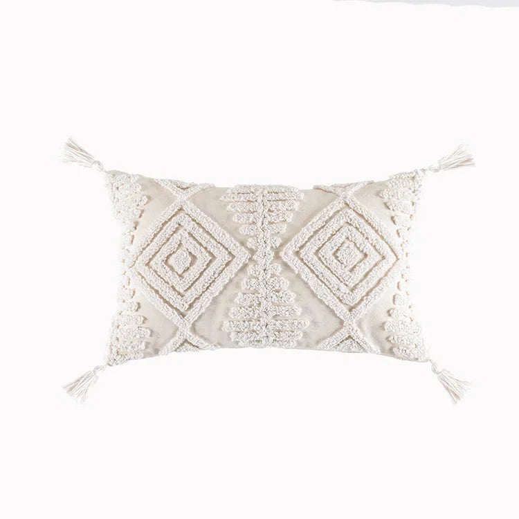 أغطية وسائد ديكوربايتس™ القطنية البيضاء المزينة بشراشيب، مقاس 45×45/30×50 سم - غطاء وسادة بتصميم هندسي مربع