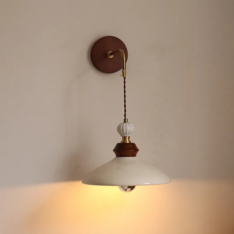 DecorBites™ Ceramic LED Wall Light Copper Pull Chain Wood Base Modern Bedside Lamp