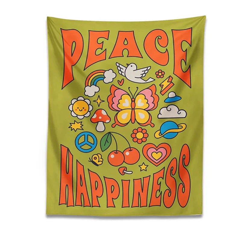 Decobites Hippie Trippy Tapestry: Flower Peace Happiness Butterfly Rainbow Sun Wall Decor