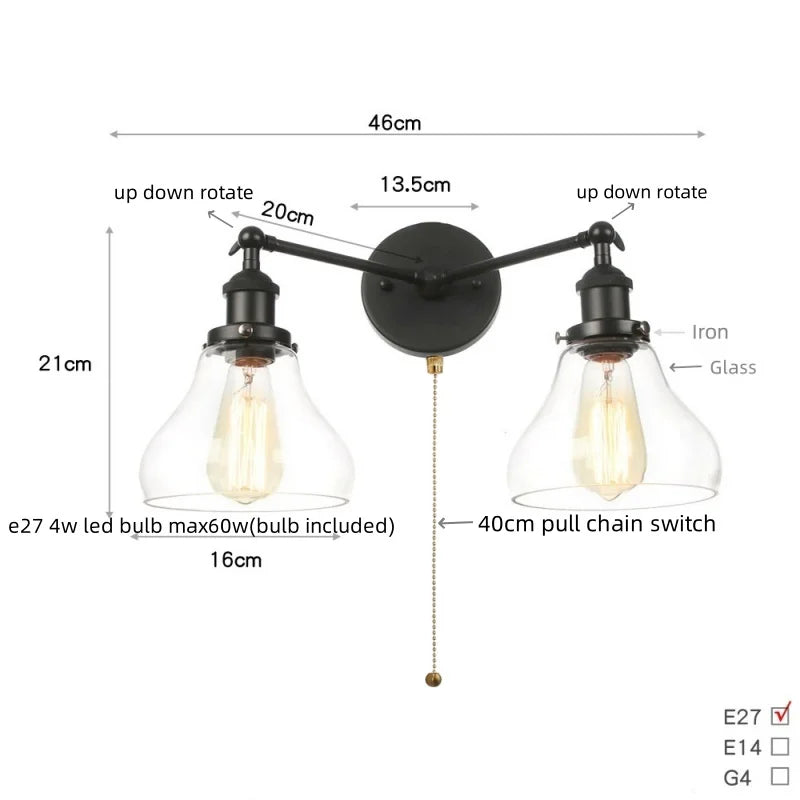 DecorBites™ Black LED Wall Sconce 2-Head Lamp for Bedroom Bathroom Mirror