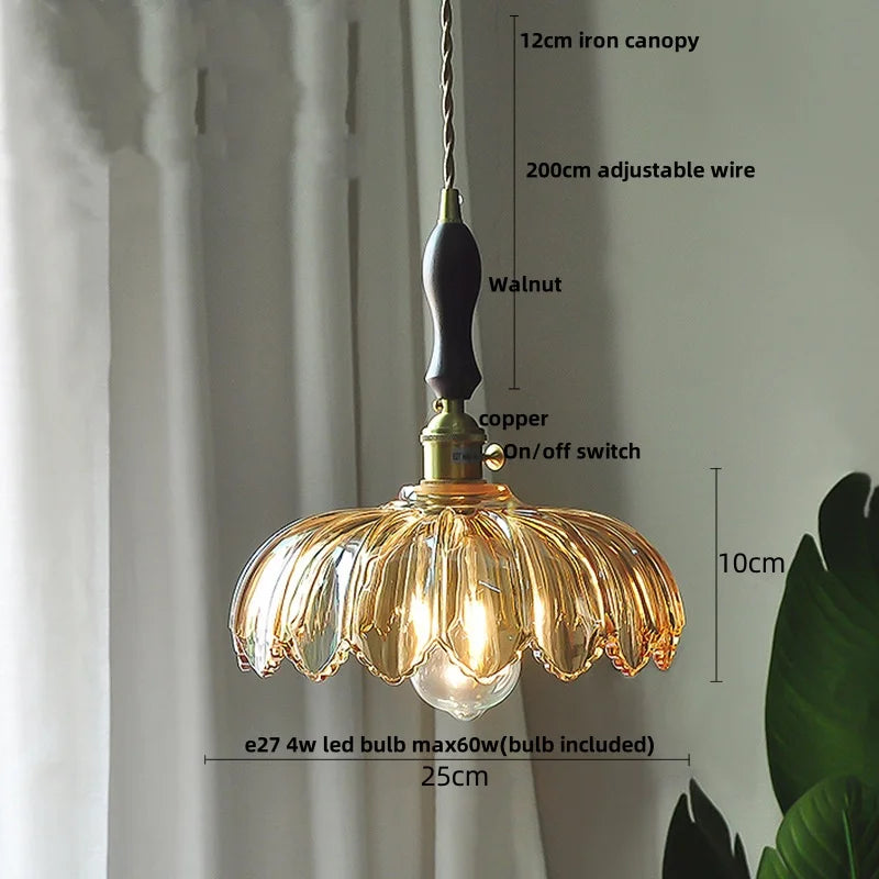 DecorBites™ Amber Flower Glass LED Pendant Light - Modern Nordic Copper Switch Hang Lamp