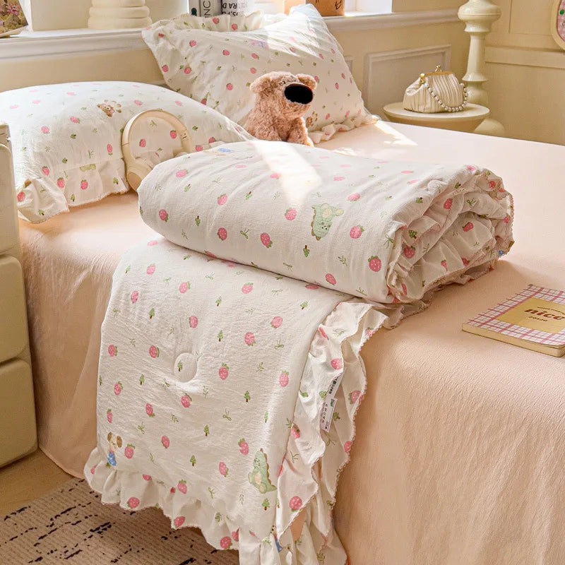 DecorBites™ Korean Cotton Patchwork Quilt with Lace and Ruffle for Summer