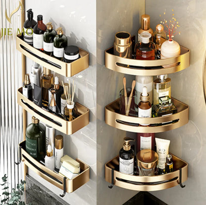 DecorBites™ Gold Bathroom Corner Shelf: Wall-Mounted Triangle Storage Rack for Toiletries