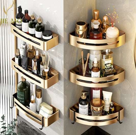 DecorBites™ Gold Bathroom Corner Shelf: Wall-Mounted Triangle Storage Rack for Toiletries
