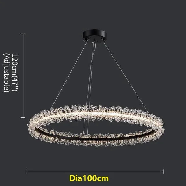 Lámpara de araña LED DecorBites™ con anillo de cristal dorado para decoración del hogar. Ideal para sala de estar, comedor y dormitorio de lujo.