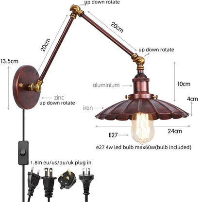 DecorBites™ Gold LED Industrial Wall Lamp with Pull Chain Switch