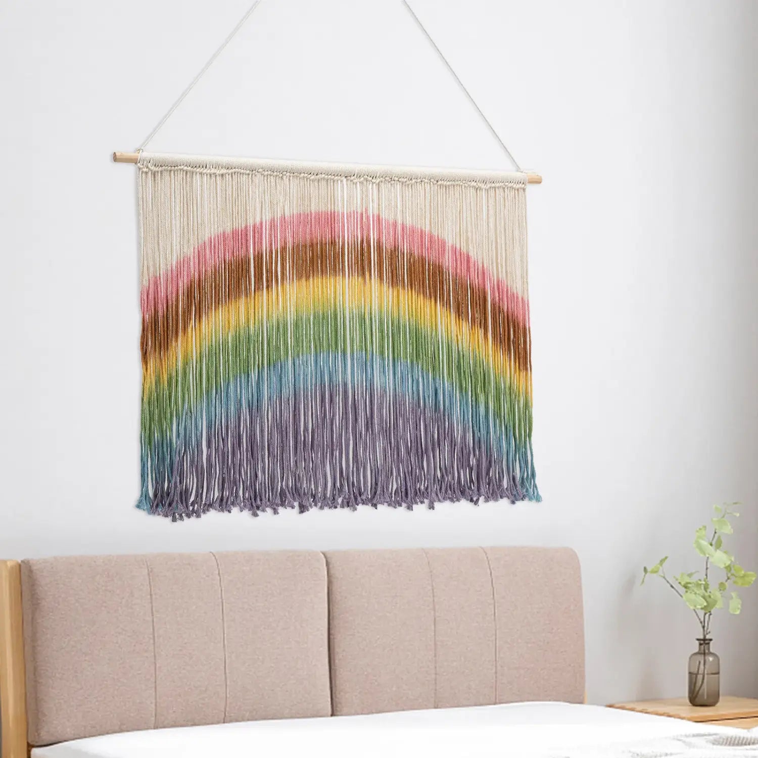 DecorBites™ Handmade Weaving Wall-mount Rainbow Macrame Decor Wall Hanging Colorful Tie-dyeing Tapestries w/Wood Stick