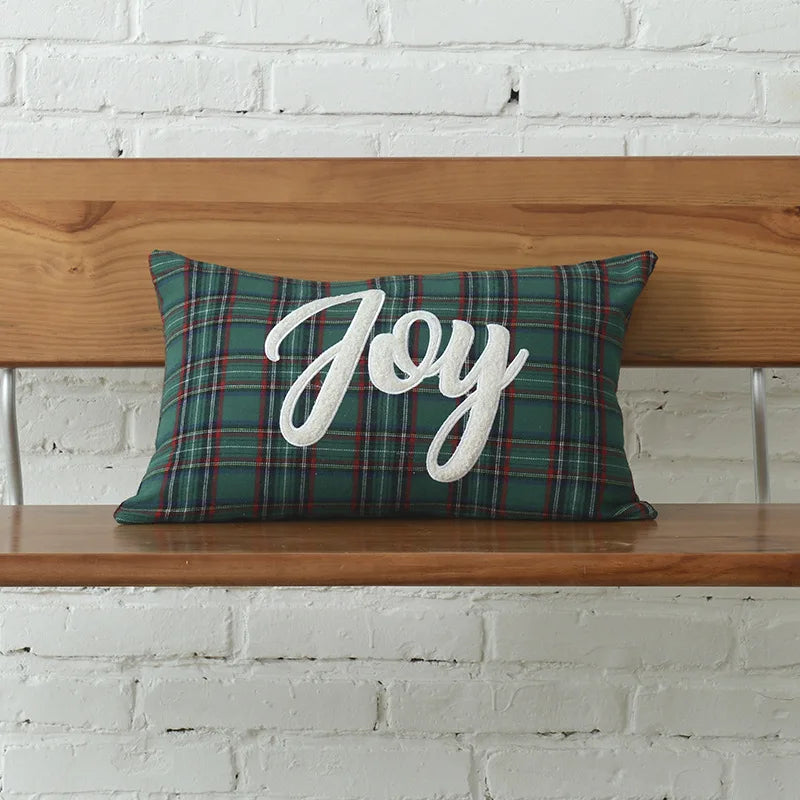 DecorBites™ Christmas Plaid Cotton Cushion Cover with Letter Snowflake Embroidery