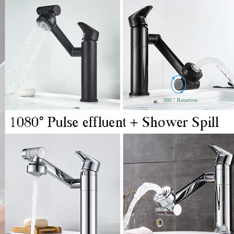 1080° Swivel Bathroom Sink Faucet Basin Faucet Mixer Deck Mounted Splash Proof Water Tap Shower Head Aerators Tapware PIPE x 2