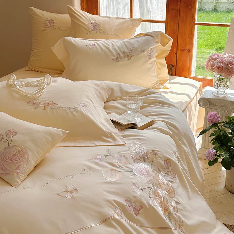 Decobites Rose Flowers Embroidery Cotton Bedding Set - Single Queen King Size