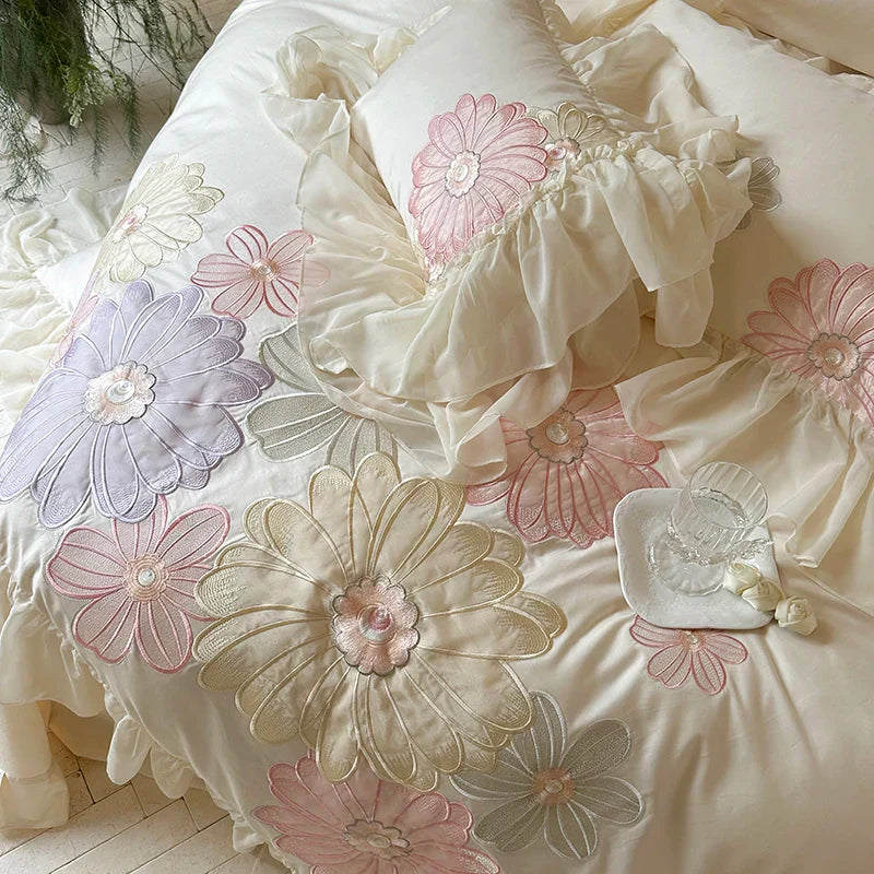 Decobites Romantic Flowers Lace Ruffles Princess Bedding Set, 1200TC Egyptian Cotton, Duvet Cover, Bed Sheet, Pillowcases