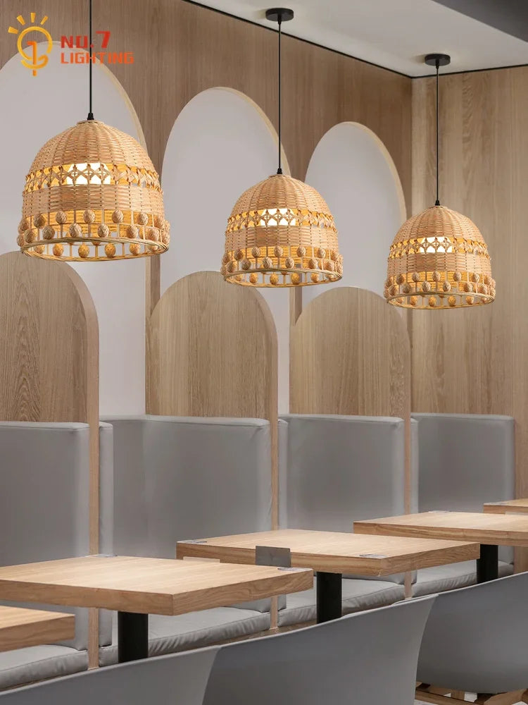 DecorBites™ مصباح معلق من الخيزران المنسوج بتقنية LED E27 بتصميم زن عصري للمطاعم والبار وغرفة الشاي