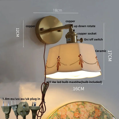 DecorBites™ Ceramic Brass LED Wall Light Fixture Pull Chain Switch Bedside Sconce