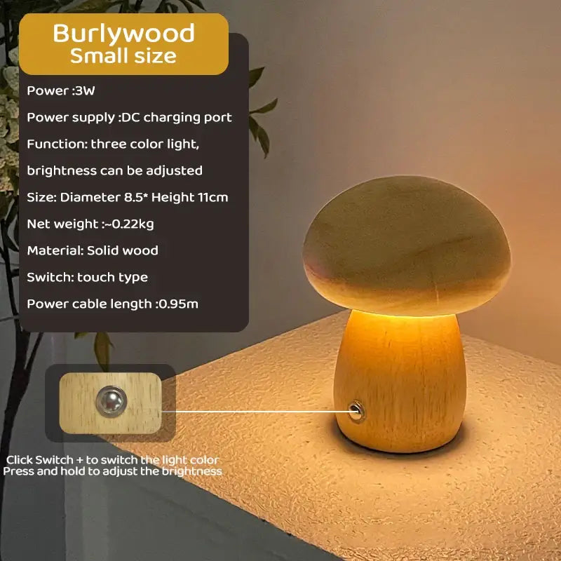 DecorBites™ INS Wooden Creative Mushroom Night Light Stepless Dimming Bedside Table Lamp 3 Color Rechargeable Sleeping