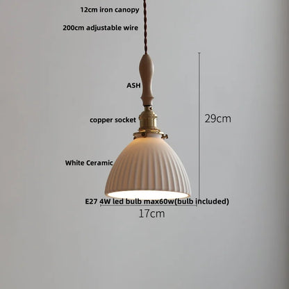 DecorBites™ LED Pendant Light Ash Wood White Ceramic Japanese Style Hanging Lamp
