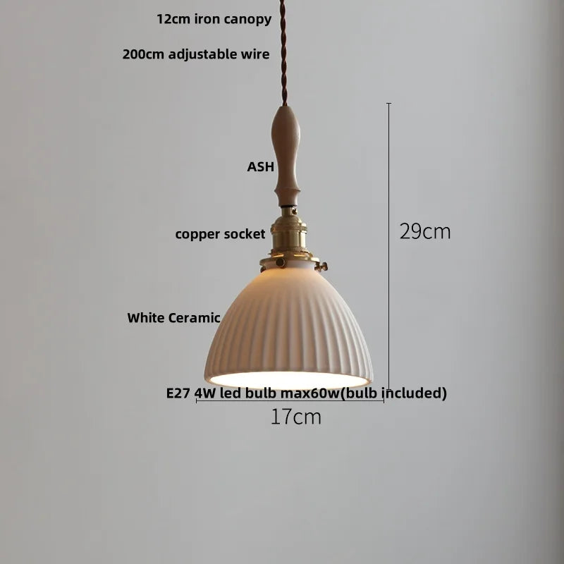 DecorBites™ Adjustable LED Pendant Lights Ash Wood White Ceramic Modern Hanging Lamp