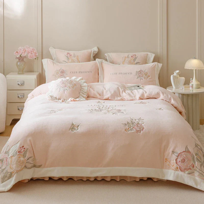 Decobites Pink Flowers Princess Bedding Set with Embroidery Ruffles in Milk Velvet