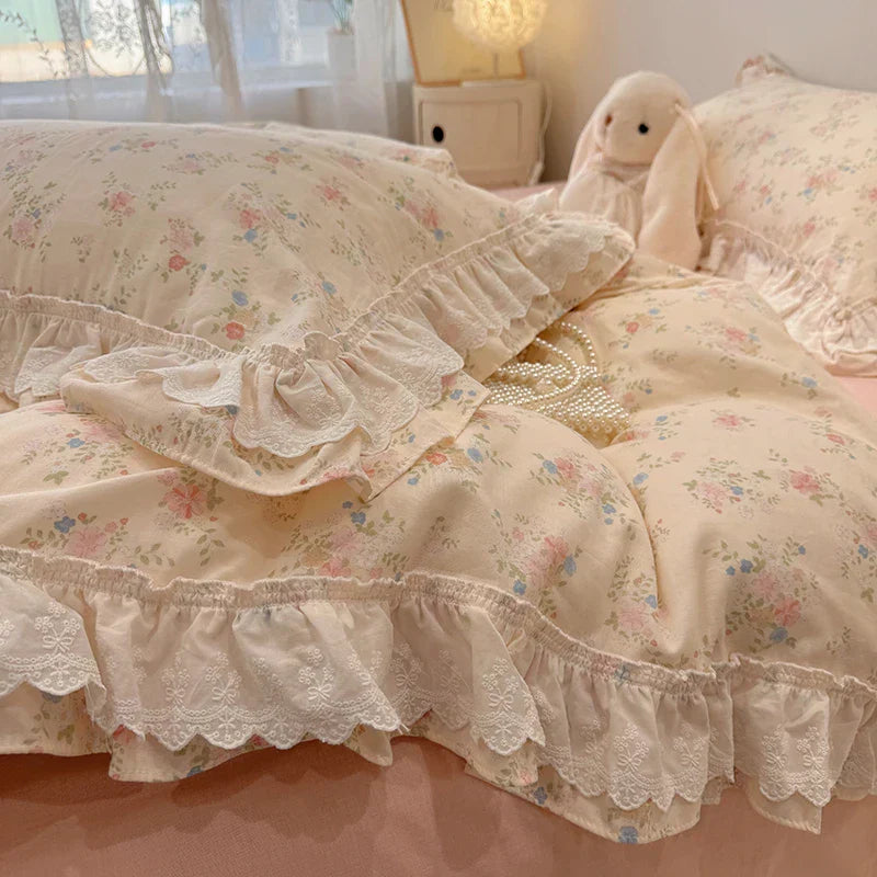 Decobites Floral Lace Ruffles Bedding Set in 100% Cotton, Korean Style, Single/Queen/King Size