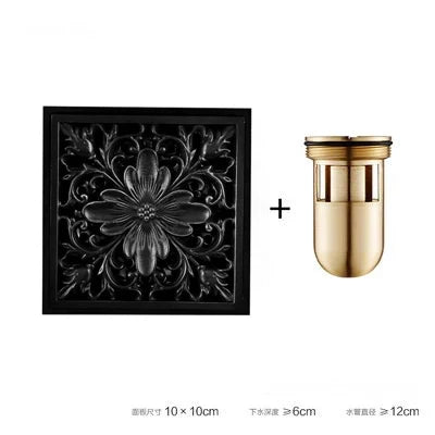 DecorBites™ Brass Square Shower Room Floor Drain with Hair Strainer - 10*10cm