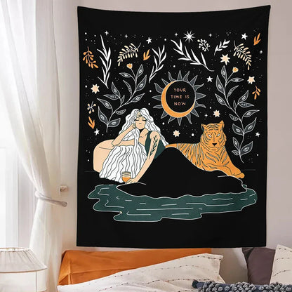 Decobites Tiger Woman Tapestry Wall Hanging Psychedelic Starry Sky Wall Decor