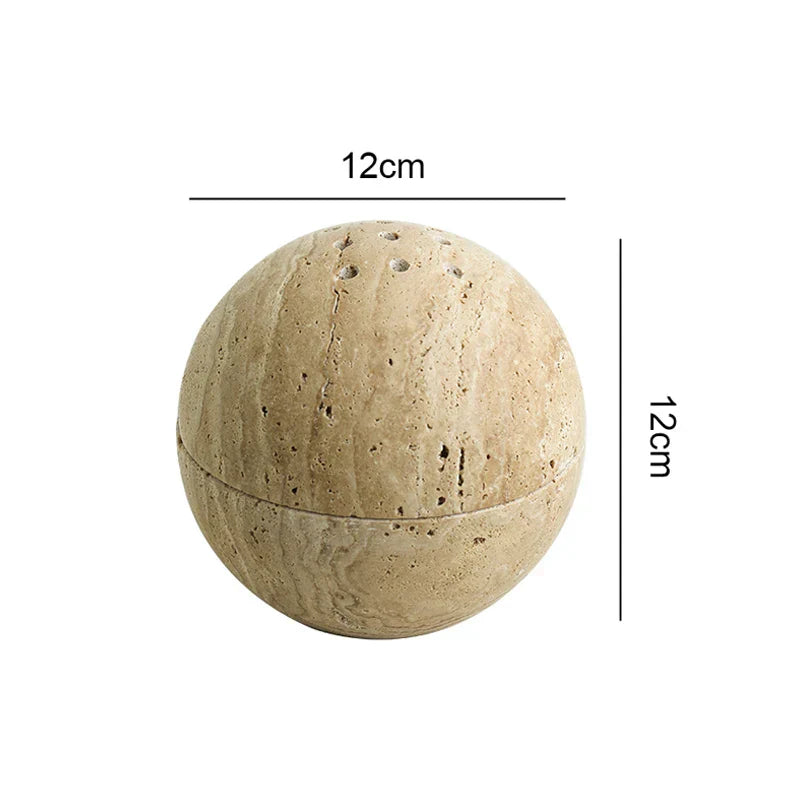 DecorBites™ Beige Travertine Marble 9-Hole Sphere Incense Burner Burner Wood Plate Holder