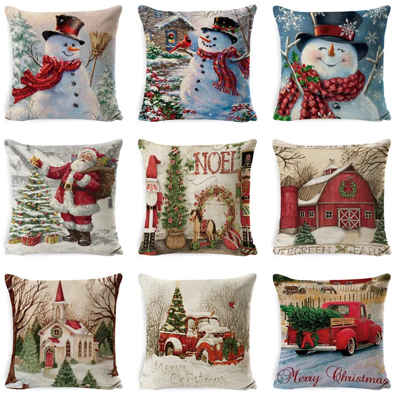 DecorBites™ Christmas Snowman & Santa Claus Linen Pillow Cover for Festive Living Room Decor