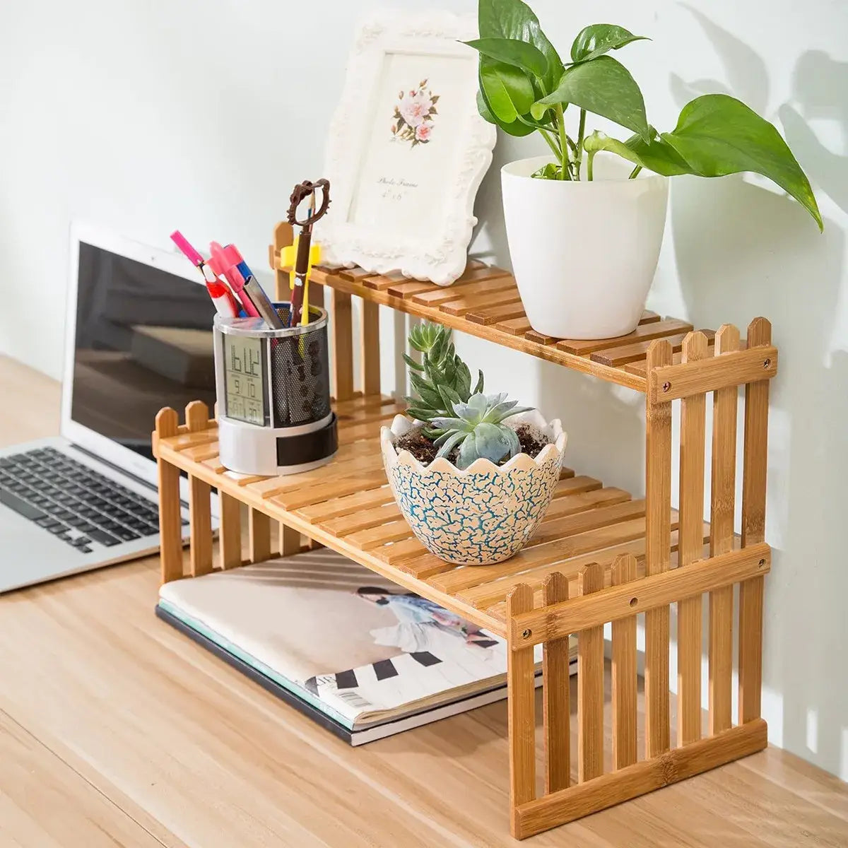 DecorBites™ Modern Bamboo 2-Tier Plant Display Stand