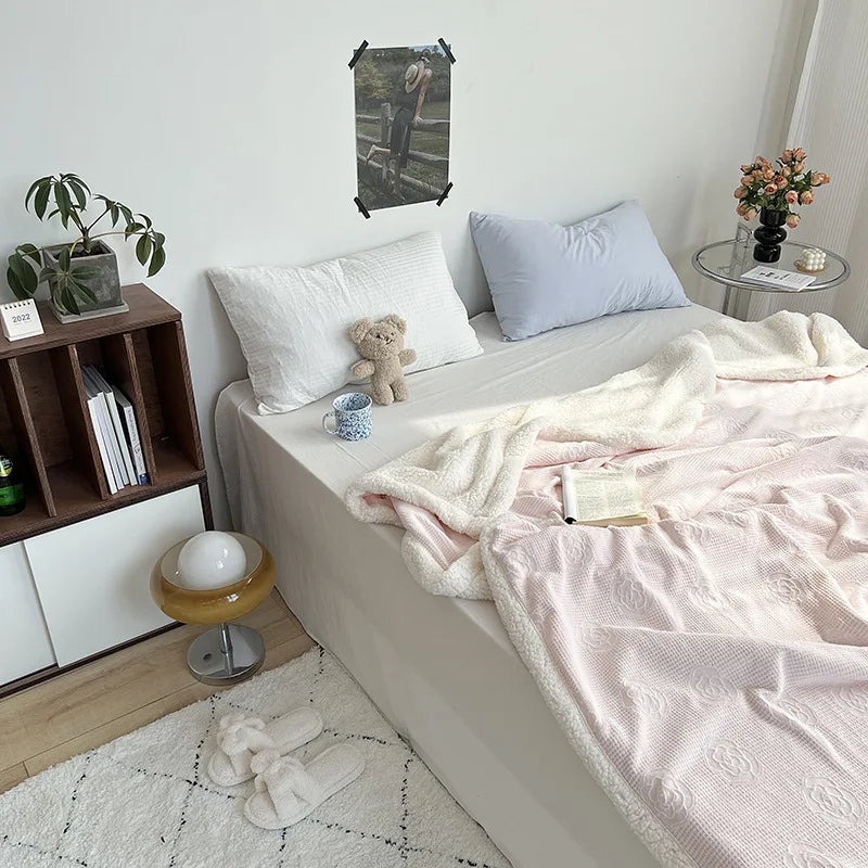 DecorBites™ Camellia Jacquard Lamb Wool Blanket - Double-Layer Cozy Quilt