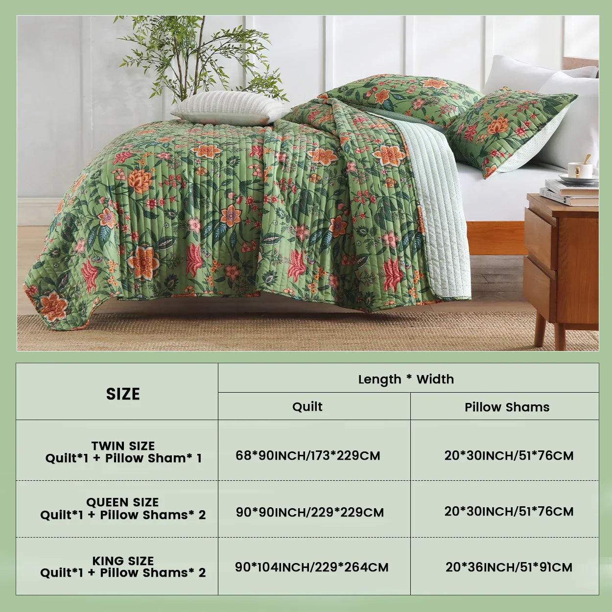 DecorBites™ Green Floral Quilt Set 3-Piece Oversized Bedding with Shams