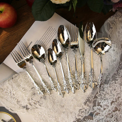 DecorBites™ Baroque Silver Cutlery Set, Kitchen Flatware Knife Fork Spoon, 10 Pcs