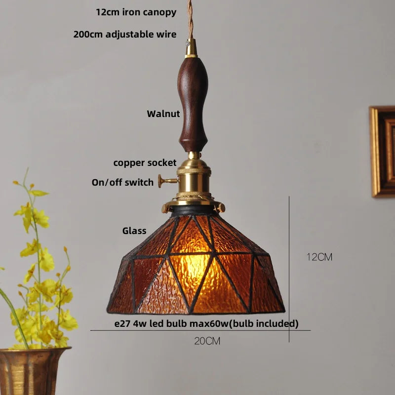 Amber Glass Pendant Light Walnut Accent Bar Style