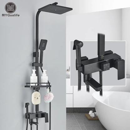 DecorBites™ Black Brass Shower Faucet Set Rainfall Bathtub Tap With Bathroom Shelf