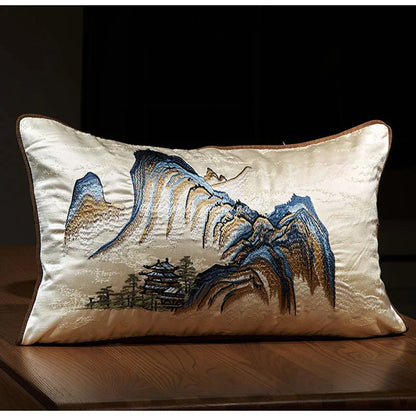 DecorBites™ Chinese Ancient Art Chinoiserie Landscape Embroidered Lumbar Pillow Cover